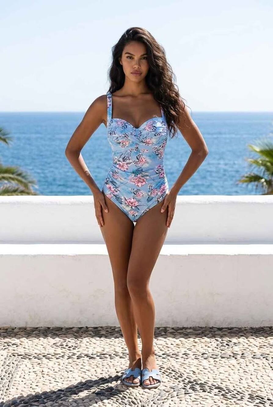 Light blue floral one-piece swimsuit